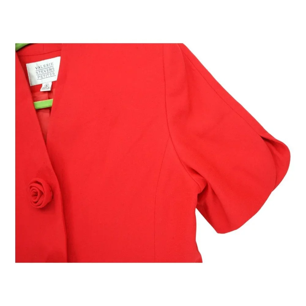 Valerie Stevens Womens Blazer Red Sz Petites 6 Short Sleeve Padded Flower Button